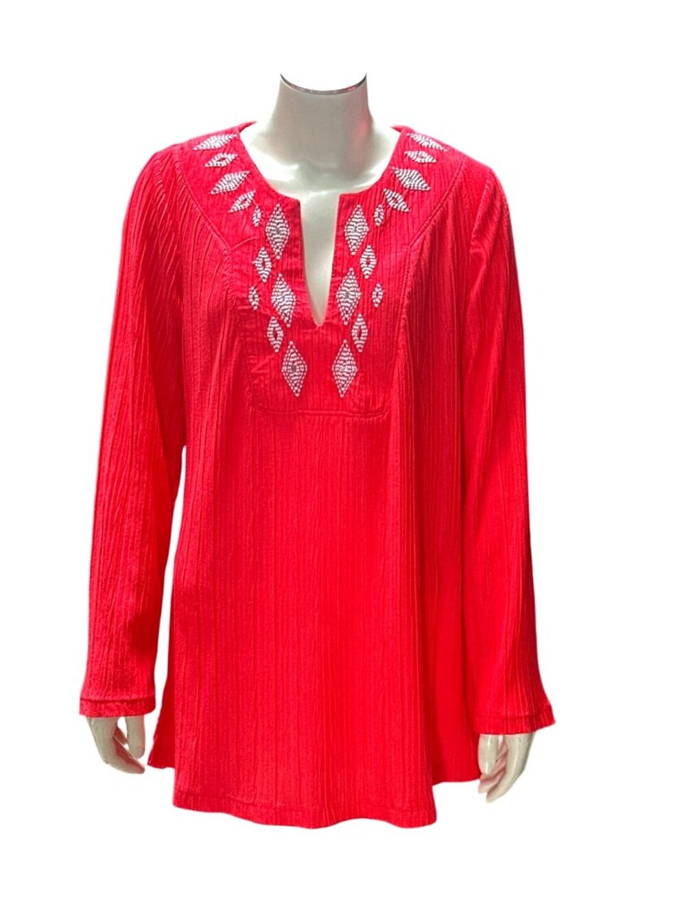 Catalina Medium Red Embroidered Boho Crinkle Long Sleeve Top Relaxed Fit Classic